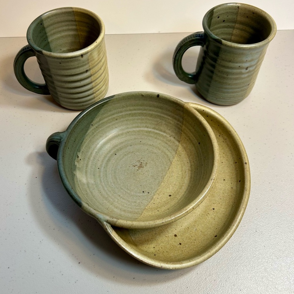Set of Soup & Cracker Bowl with 2 Stoneware Pottery Mugs